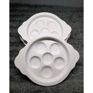 4 Ceramic Escargot Snail Plates 6 Well 7" by 5.5" White